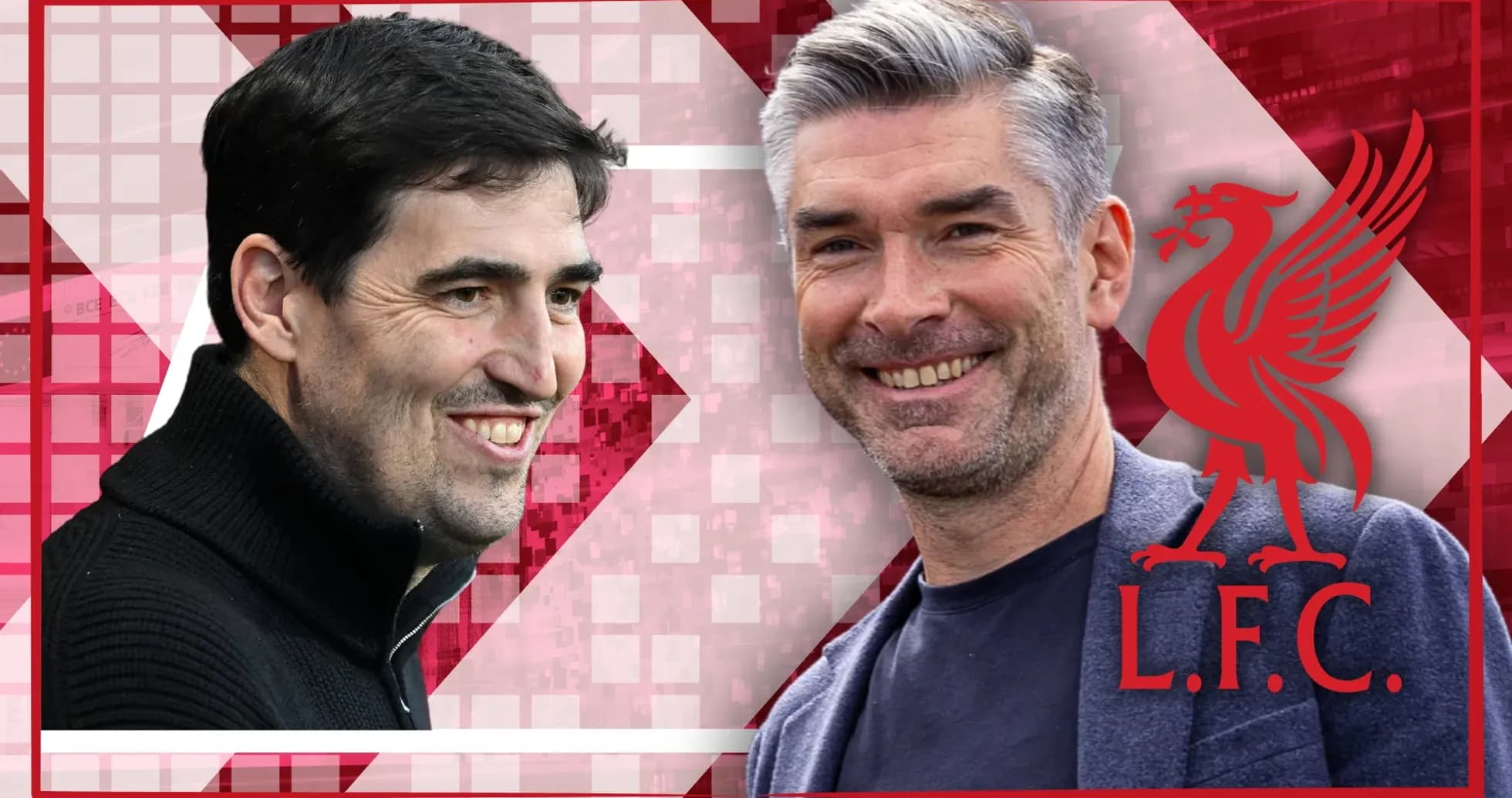 Two coaches smiling against Liverpool logo backdrop