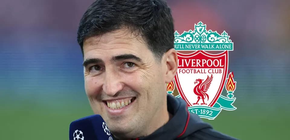 Interviewer speaking before Liverpool match backdrop
