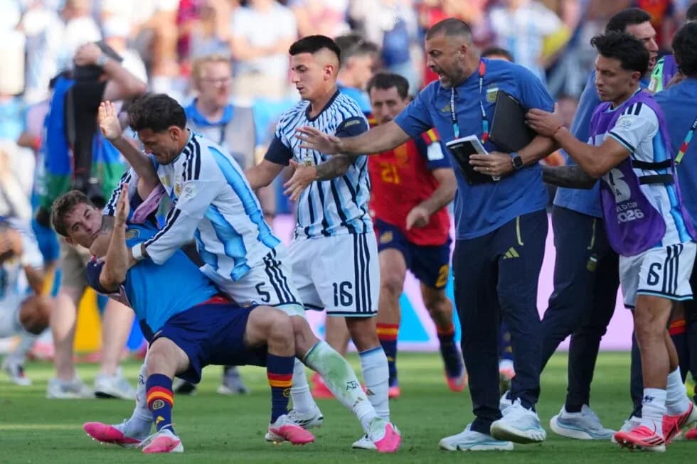 Players clashing during intense moment on field