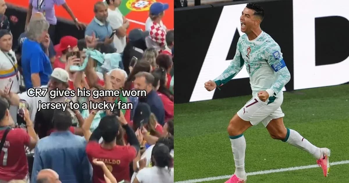 CR7 giving his jersey to a fan in crowd