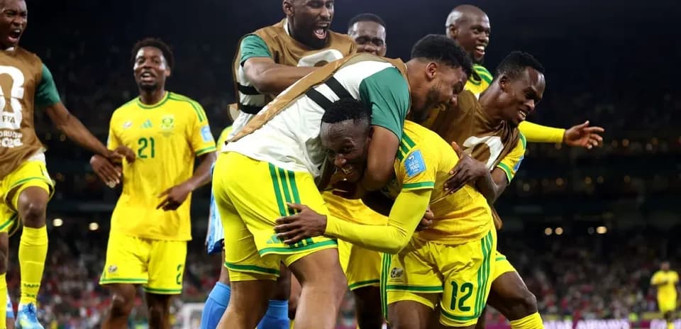 South African team celebrating a goal on the pitch