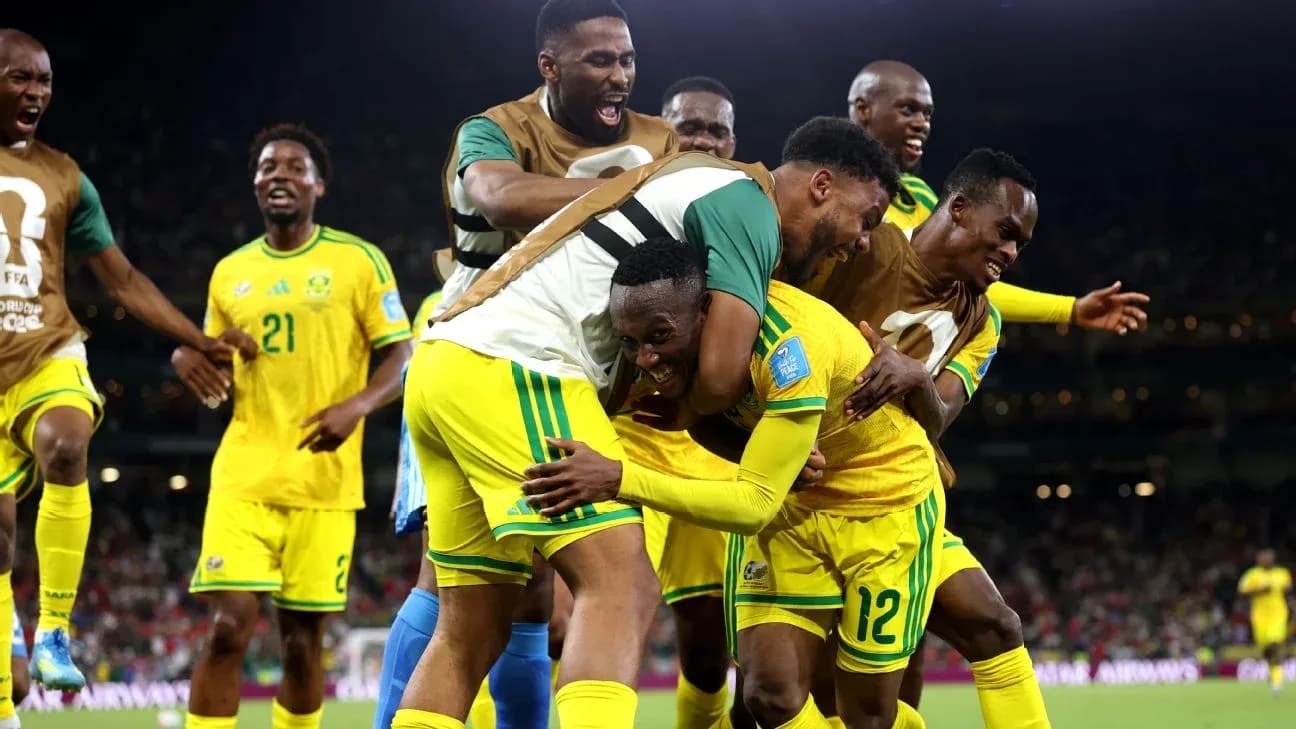 South African team celebrating a goal on the pitch