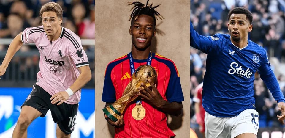 Three football players in action and celebration poses