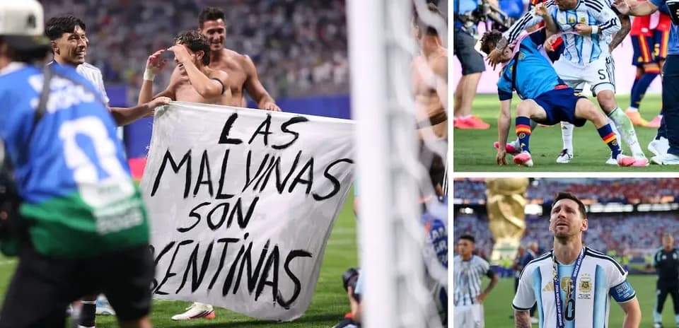 Argentina players celebrating with a banner after match