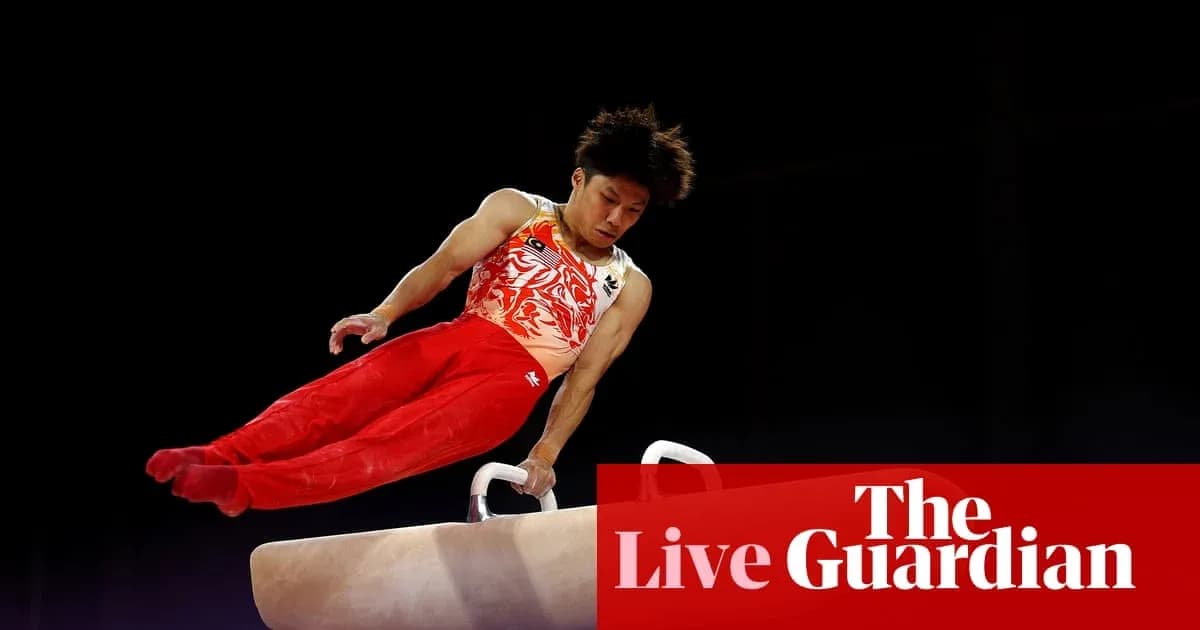 Gymnast performing on pommel horse during routine