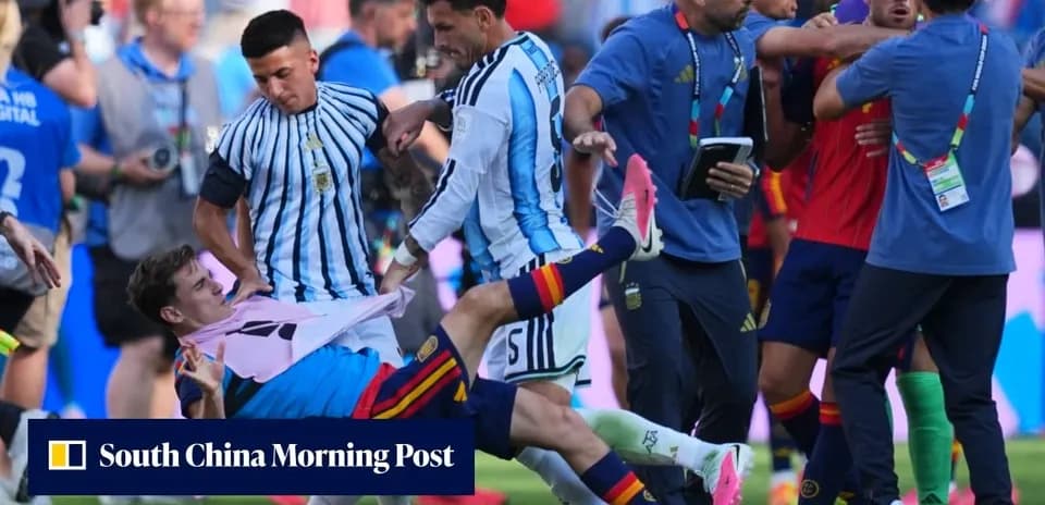 Players from Argentina and Spain in a heated altercation