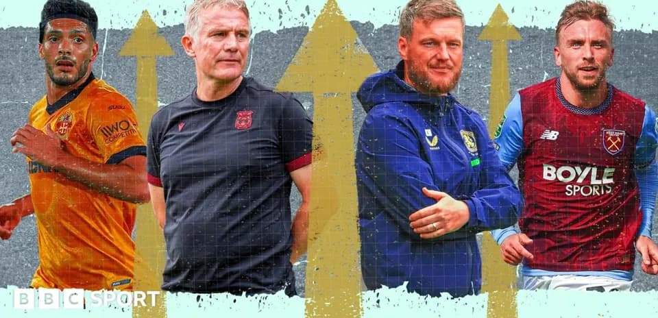 Four football figures, two players and two coaches