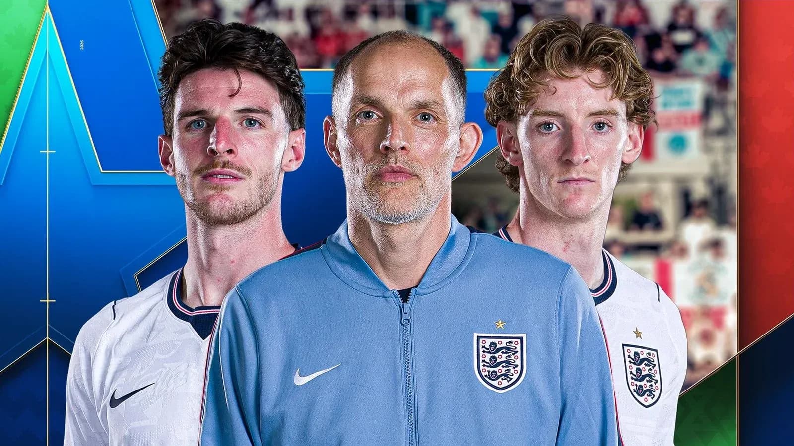 Three football figures posing together for portrait
