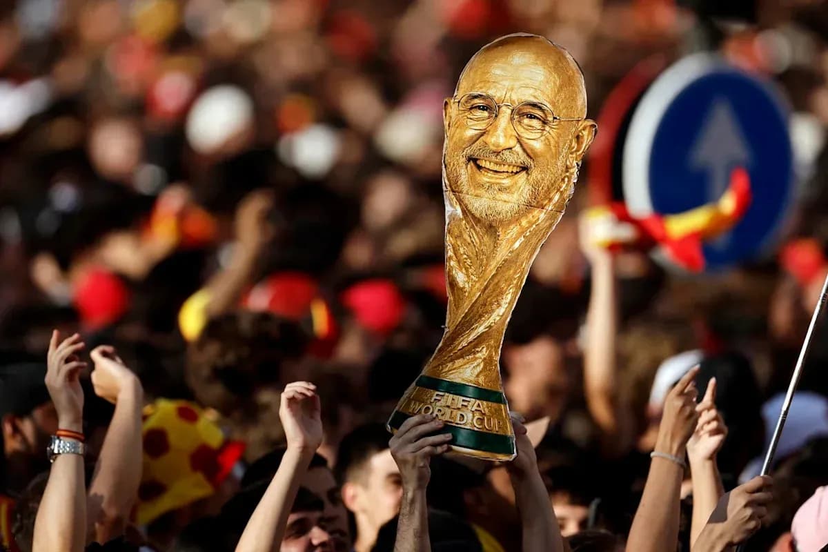 Fans celebrating with a trophy in crowd