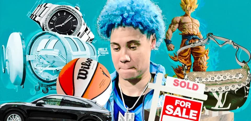 Athlete with blue hair surrounded by various items