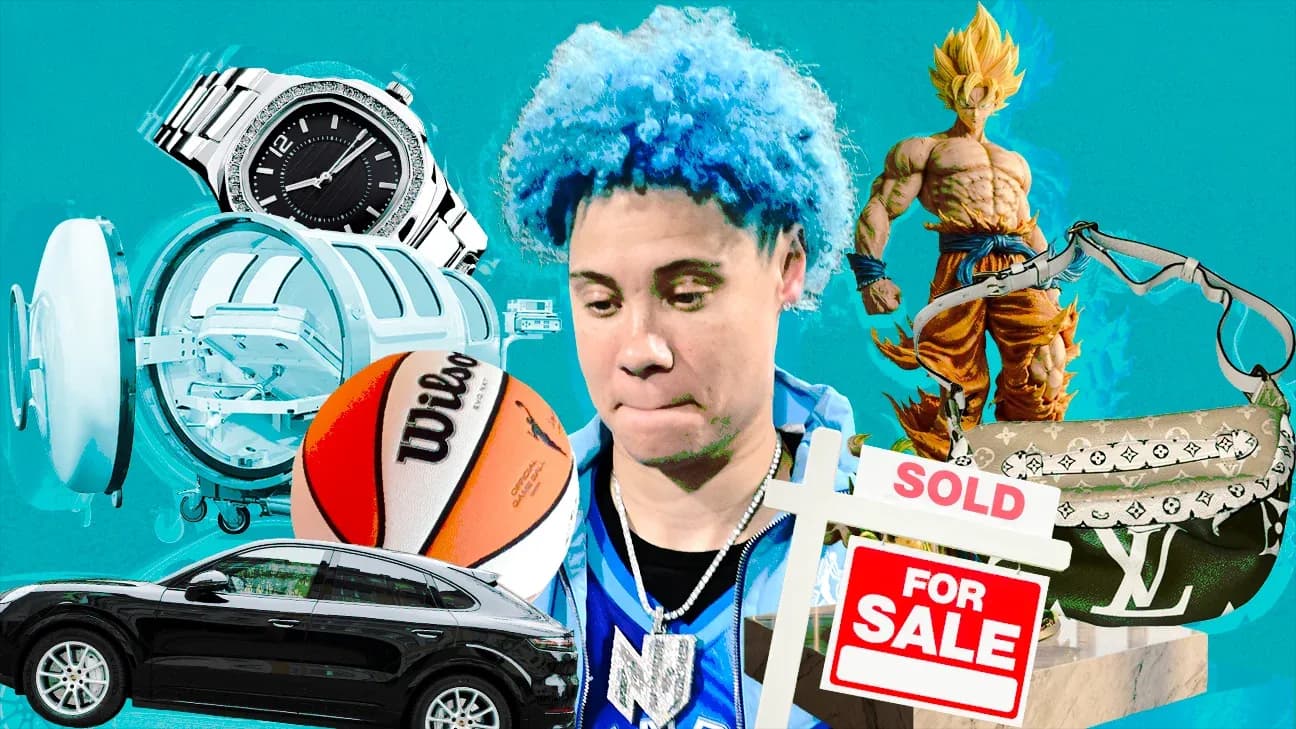 Athlete with blue hair surrounded by various items