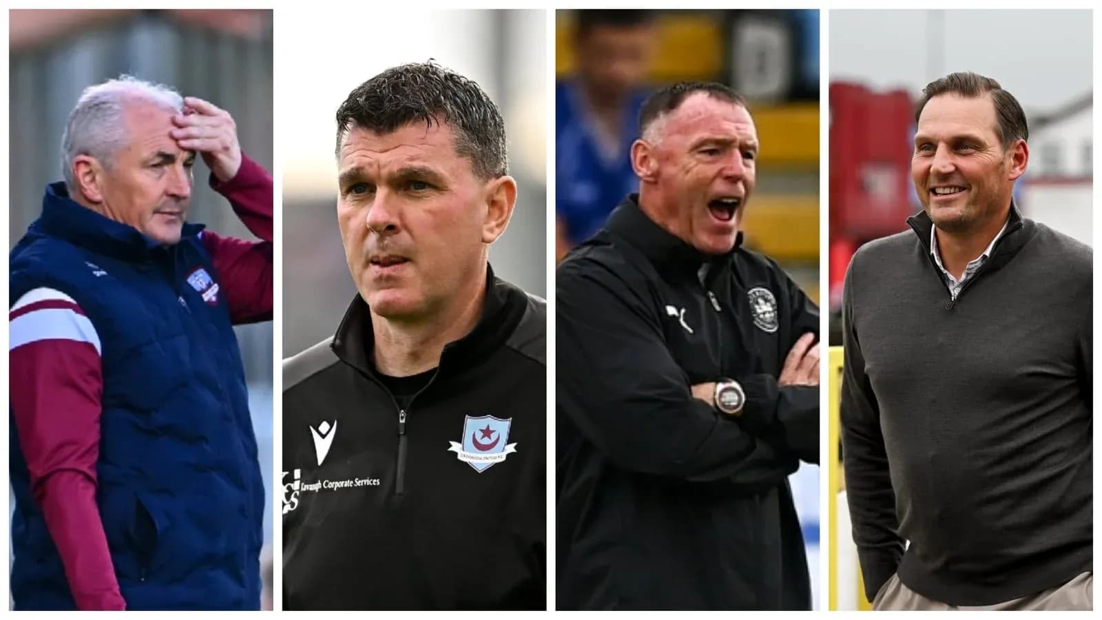 Four football managers during matches and training