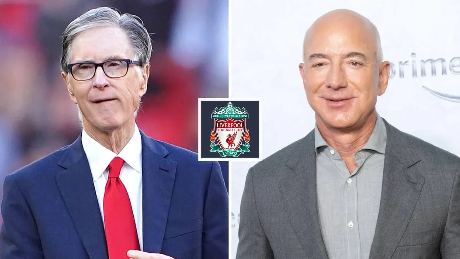 Two men beside Liverpool FC logo