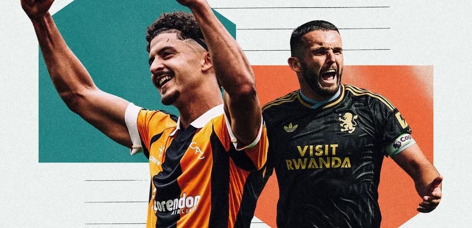 Two football players celebrating goals in jerseys