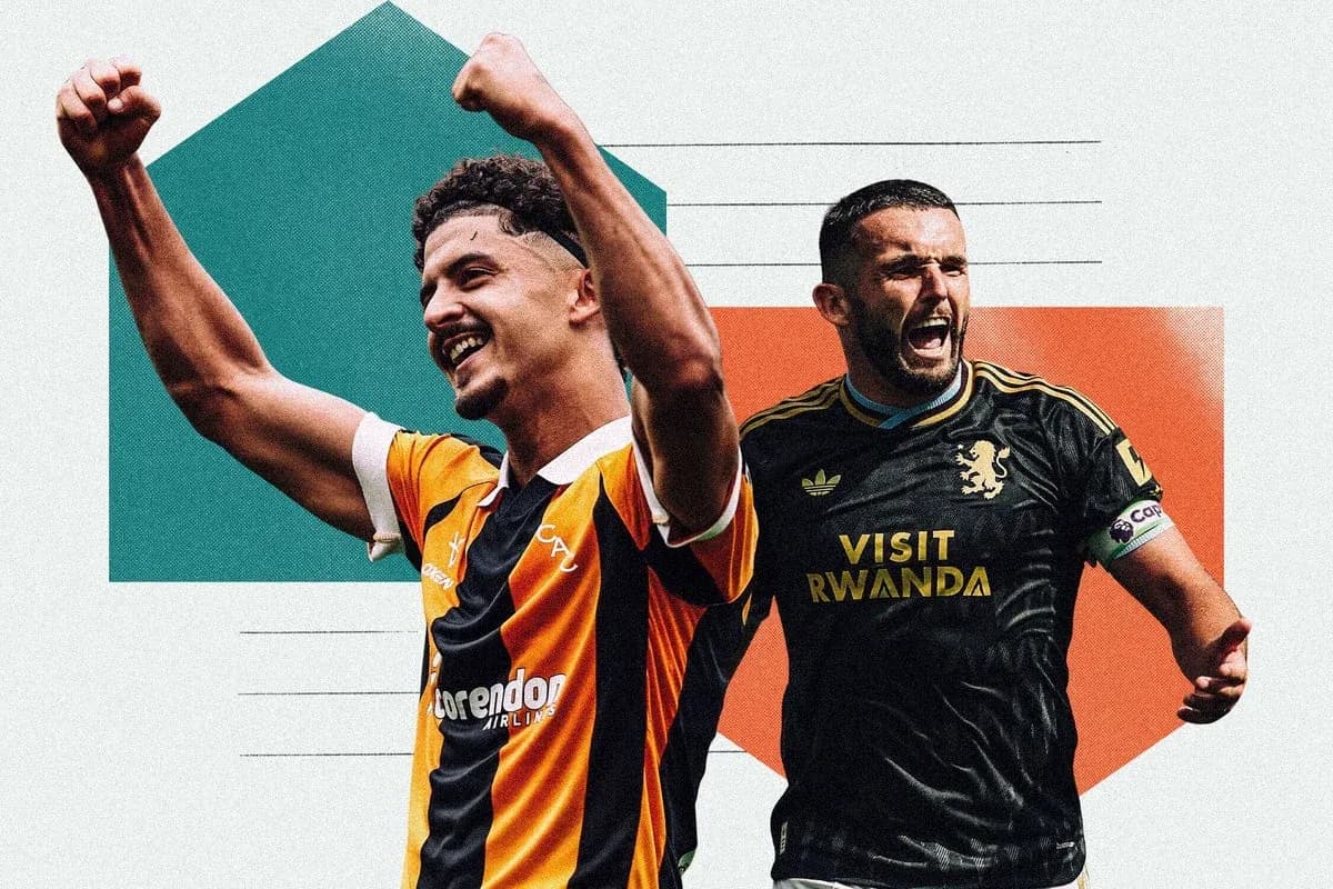Two football players celebrating goals in jerseys