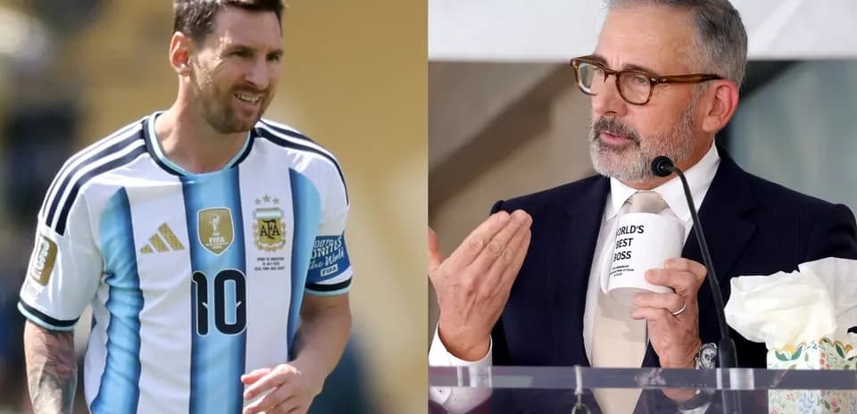 Lionel Messi playing football and Steve Carell speaking