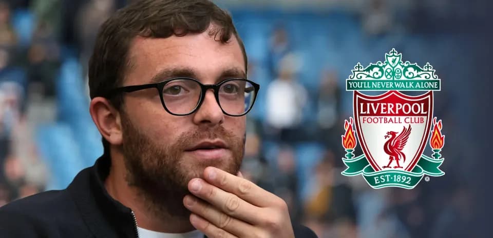 Man thinking with Liverpool FC logo in background