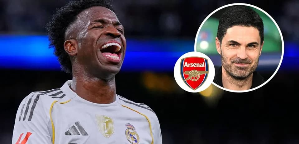 Vinicius Jr. celebrating during a match with Arsenal logo