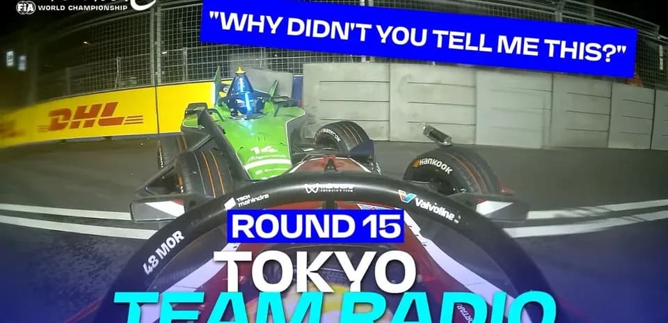 Formula E cars racing in Tokyo, team radio displayed