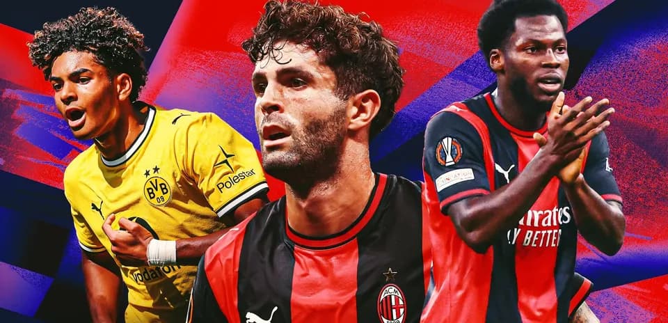 Three football players in team jerseys with colorful background