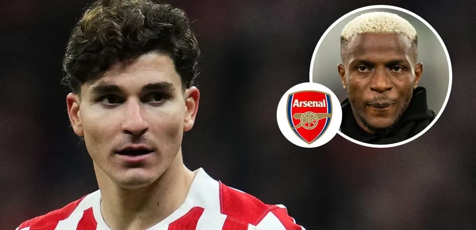 Futbolchi Arsenal emblemasi bilan birga suratda