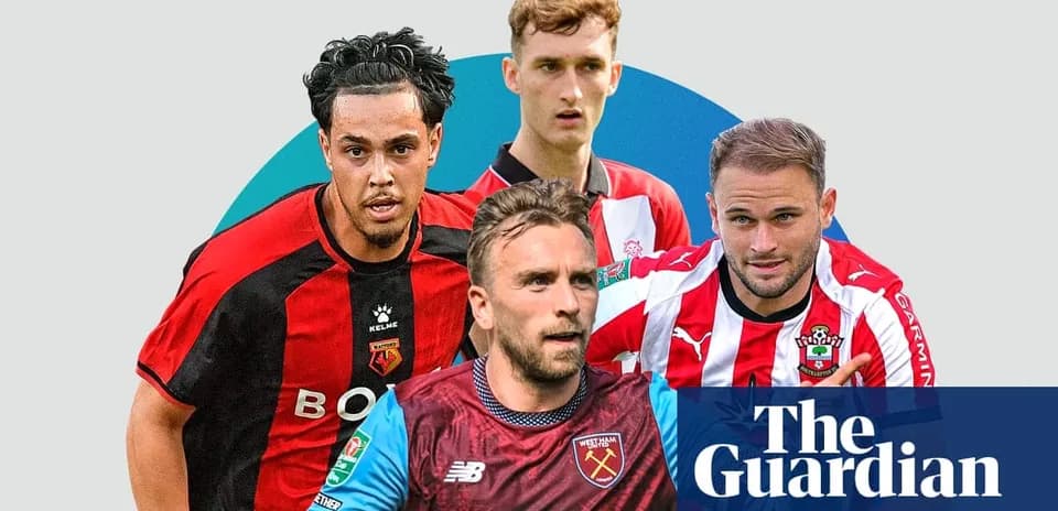 Four football players from different teams in action
