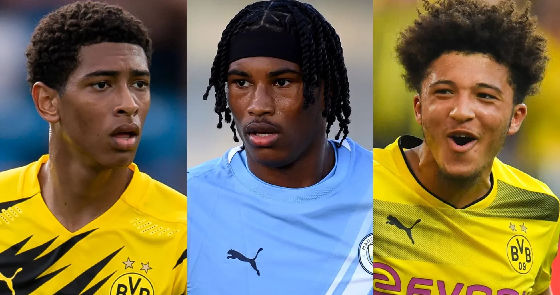 Three football players in team jerseys, focused expressions