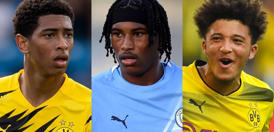 Three football players in team jerseys, focused expressions
