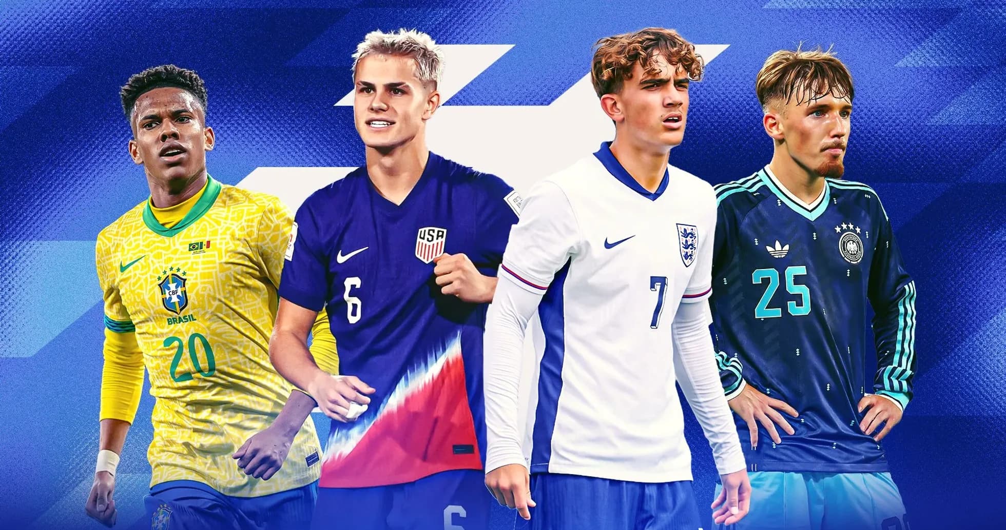 Four young football players from different countries