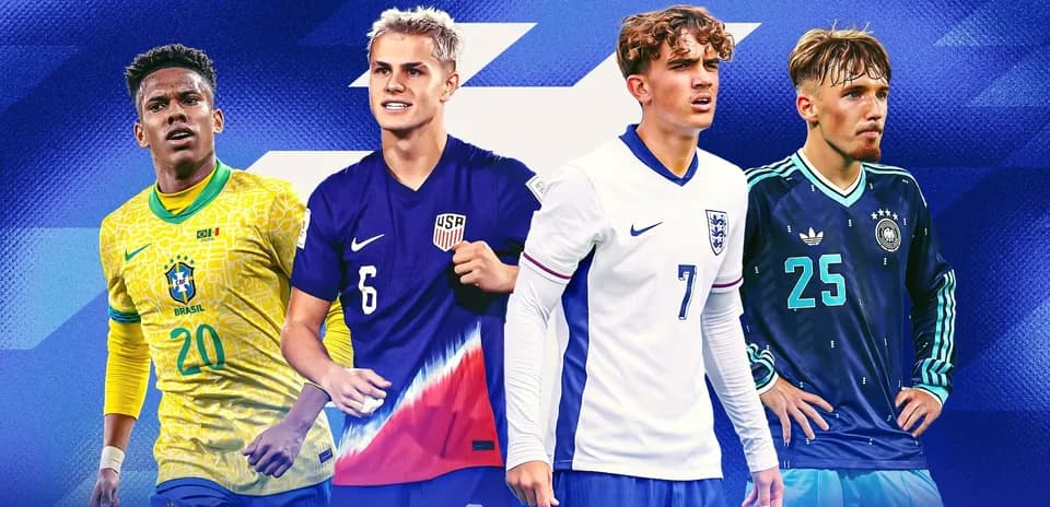Four young football players from different countries