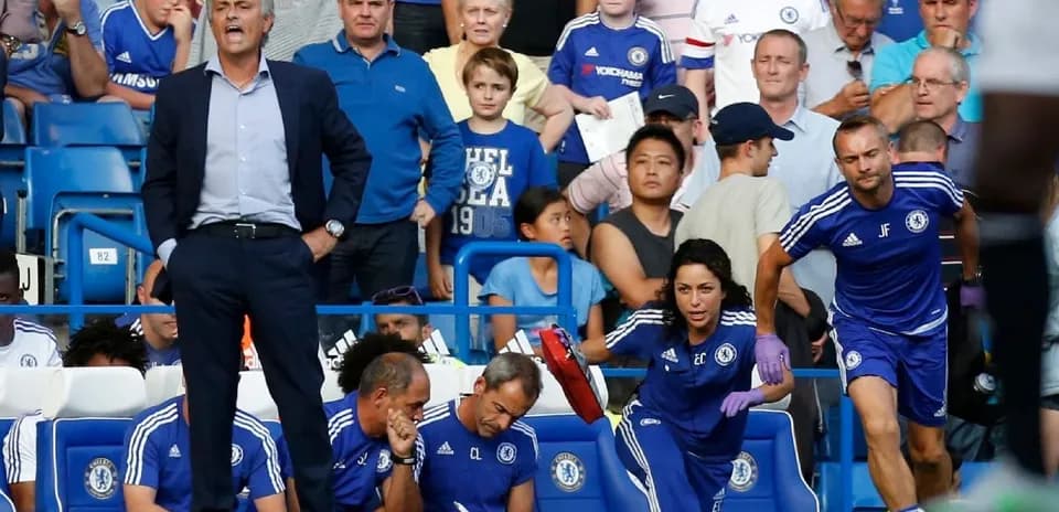Jose Mourinho coaching during Chelsea match with staff