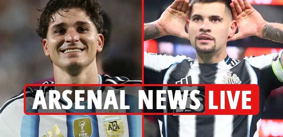 Two football players celebrating, Arsenal news overlay