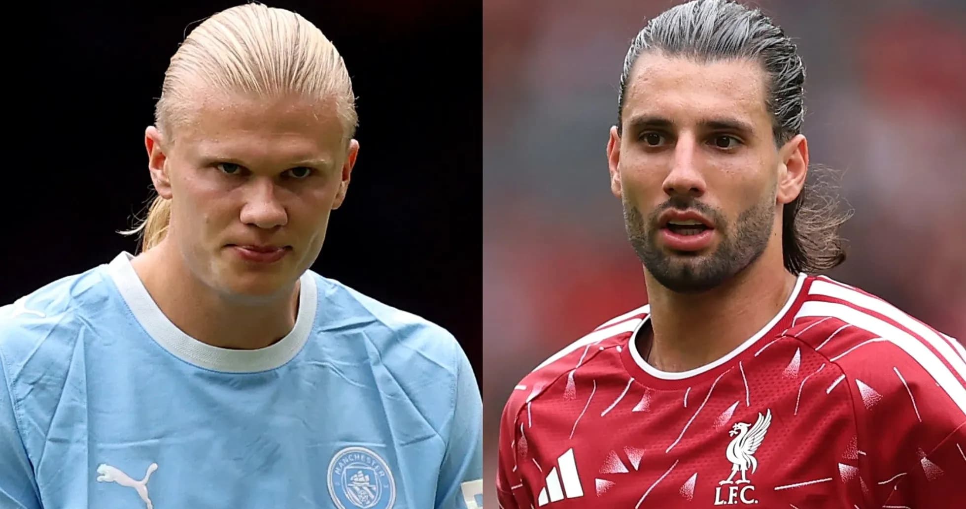 Two football players in team kits, Manchester City and Liverpool