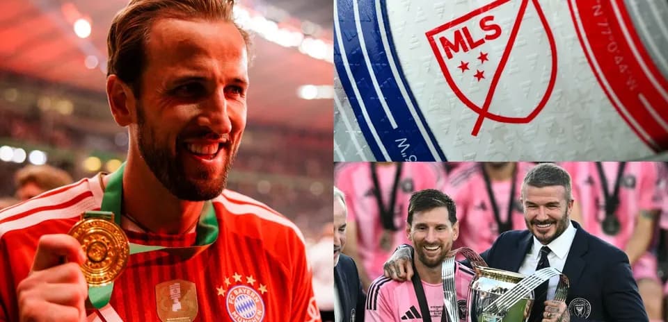 Harry Kane with trophy, MLS logo, Messi and Beckham