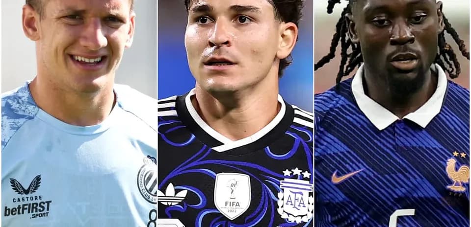 Three football players in various team jerseys