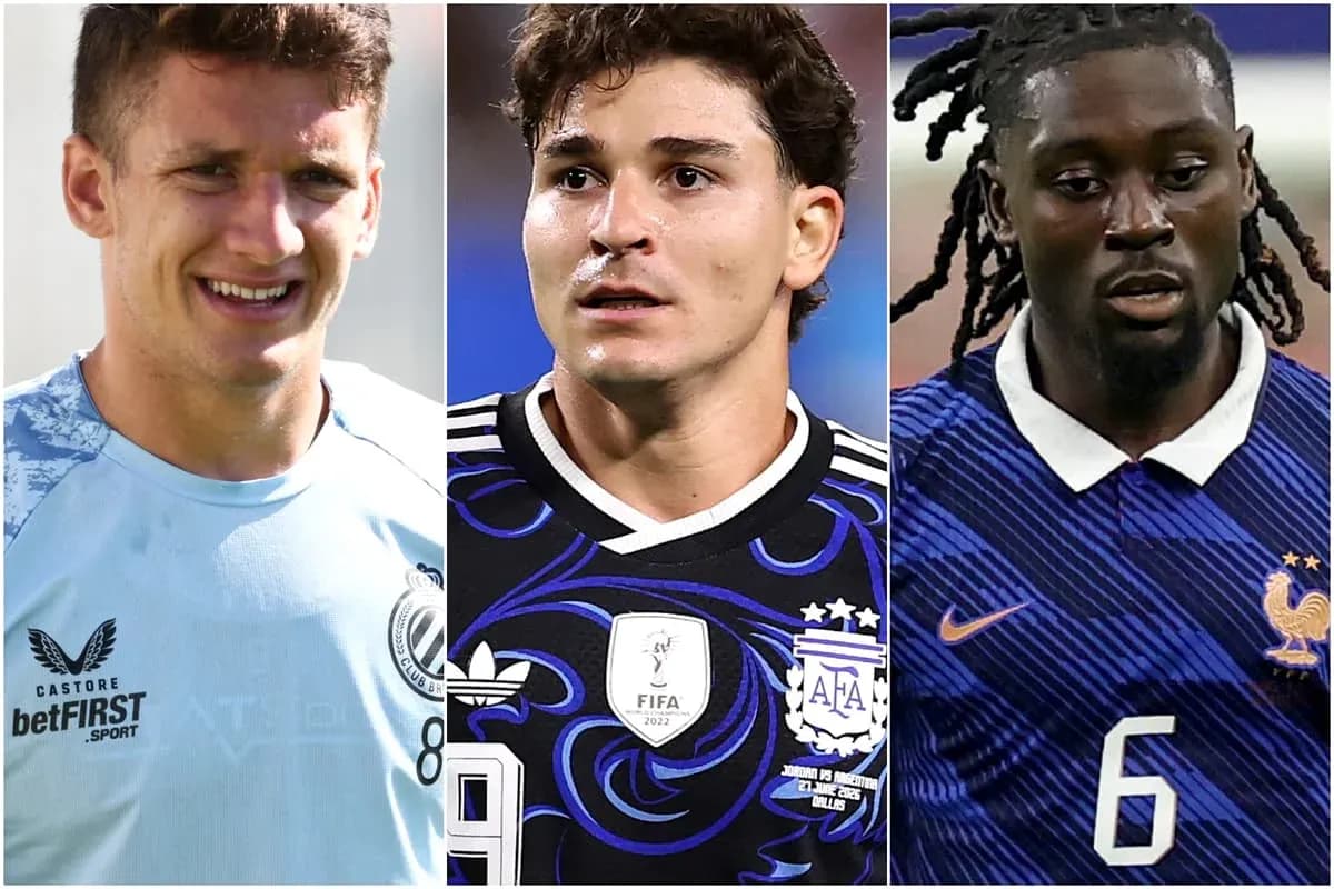 Three football players in various team jerseys