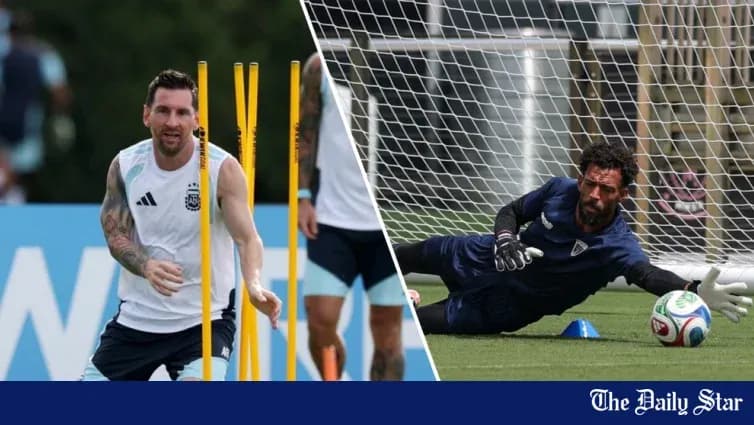Lionel Messi training, goalkeeper saving shot