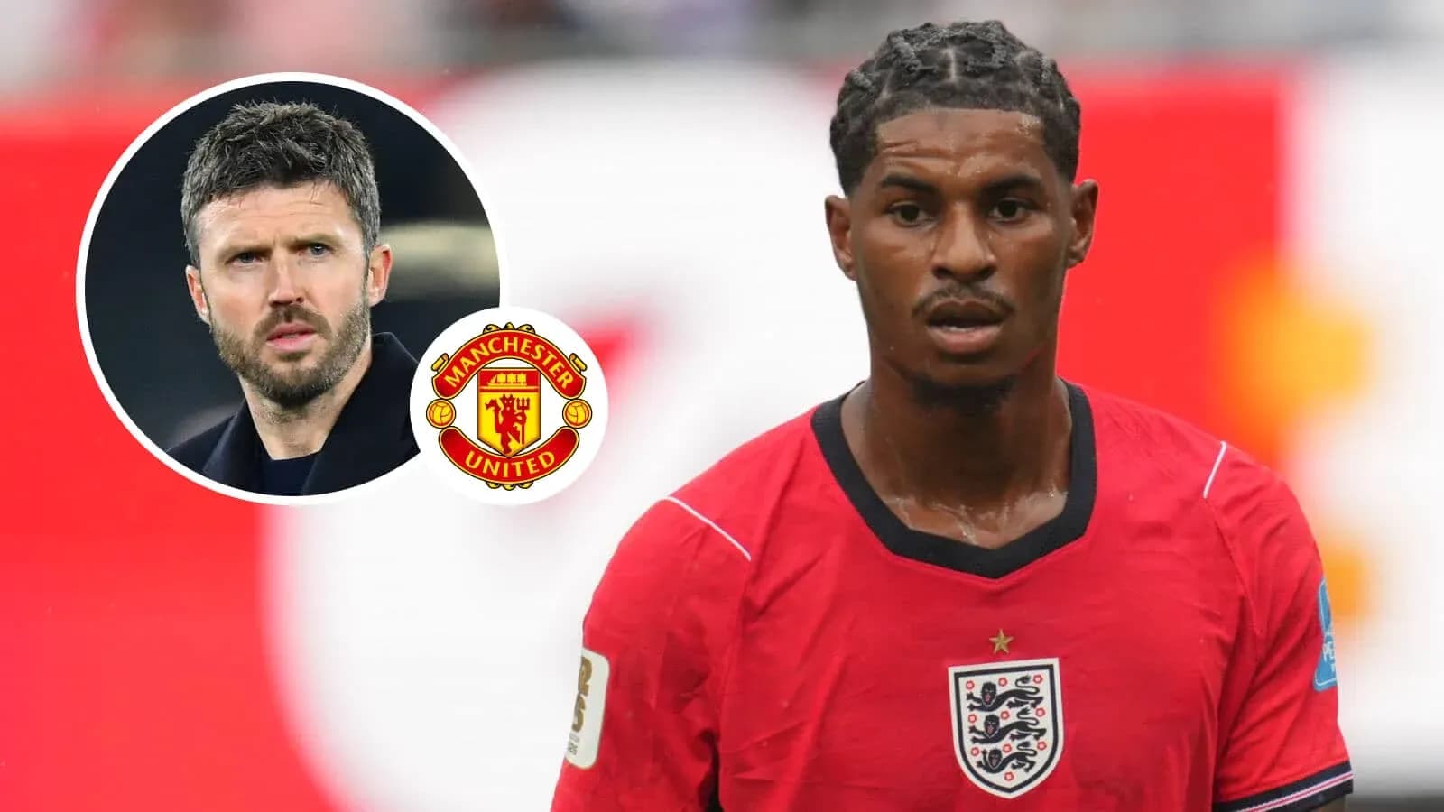 Futbolchi maydonda, Manchester United logotipi ko'rsatilgan Futbolchi maydonda, Manchester United logotipi ko'rsatilgan