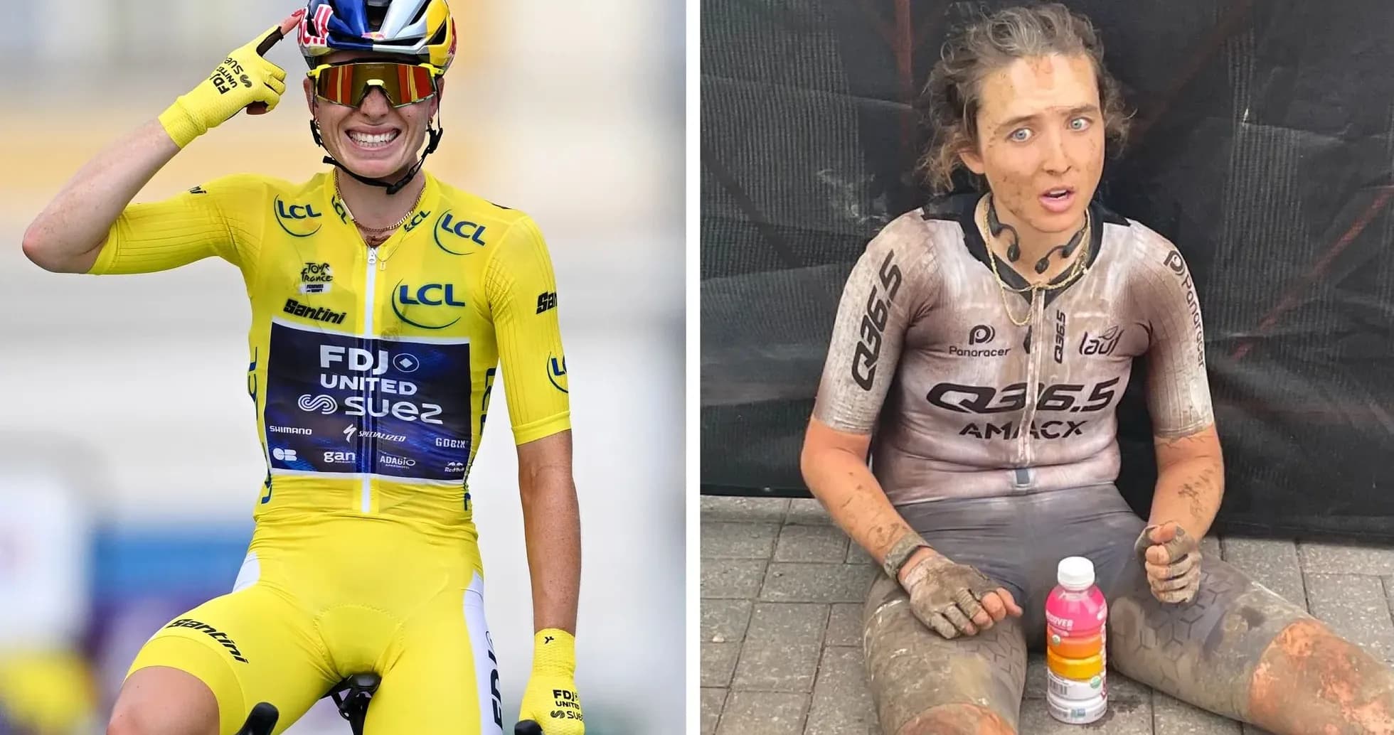 Two cyclists: one celebrating, one muddy and seated Two cyclists: one celebrating, one muddy and seated