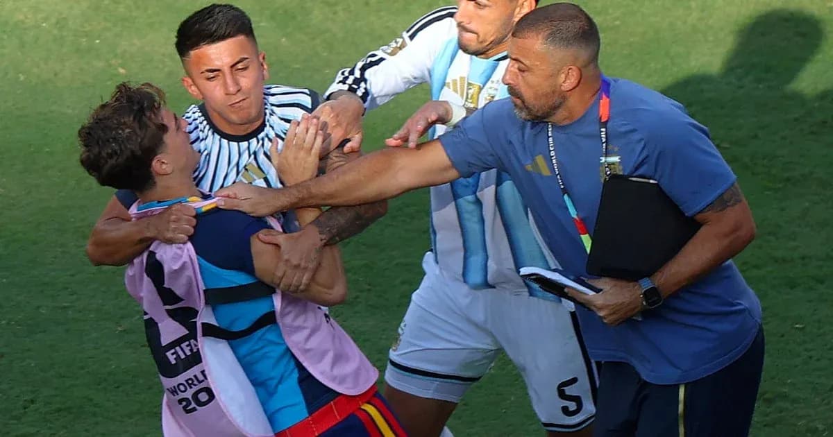 Players and staff involved in a scuffle on field Players and staff involved in a scuffle on field
