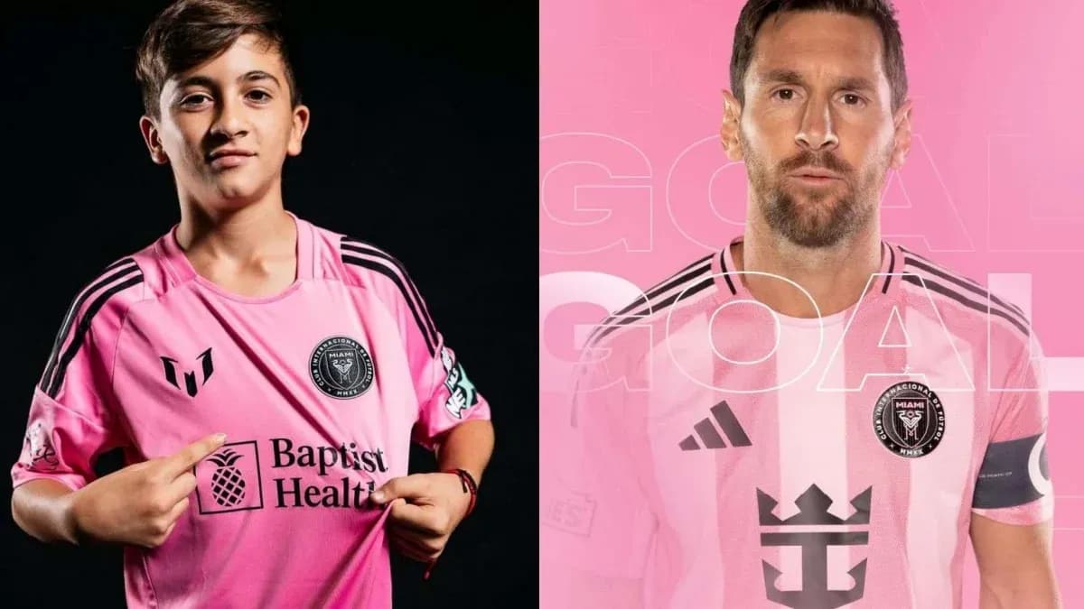 Young player and Lionel Messi in pink Miami jerseys Young player and Lionel Messi in pink Miami jerseys