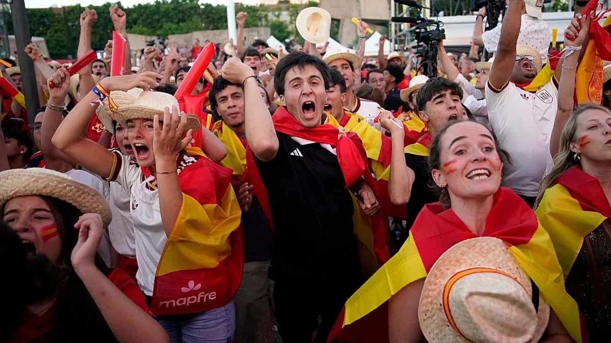 Fans celebrating with flags at a sports event Fans celebrating with flags at a sports event
