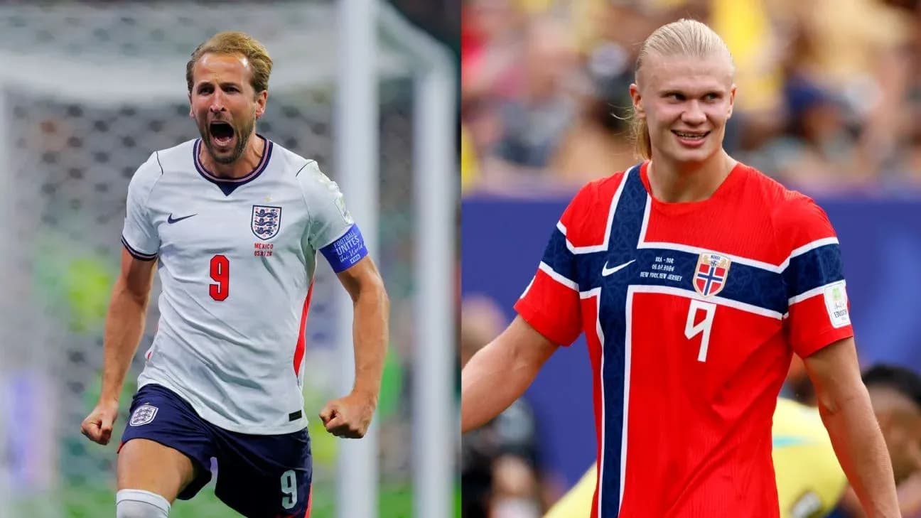 Harry Kane and Erling Haaland posing in jerseys Harry Kane and Erling Haaland posing in jerseys