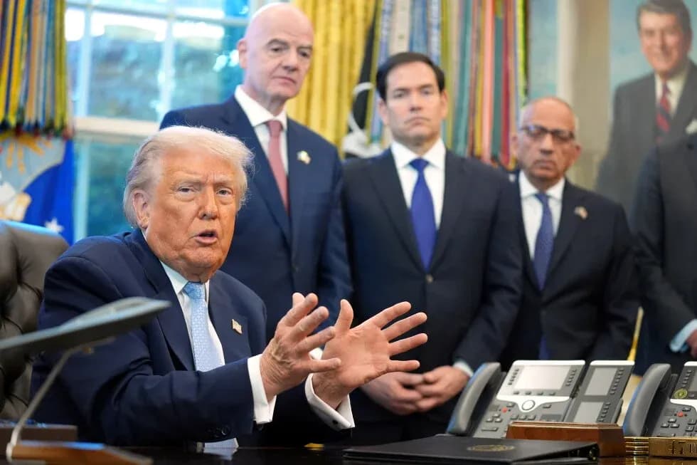 Donald Trump speaking in the Oval Office with advisors Donald Trump speaking in the Oval Office with advisors