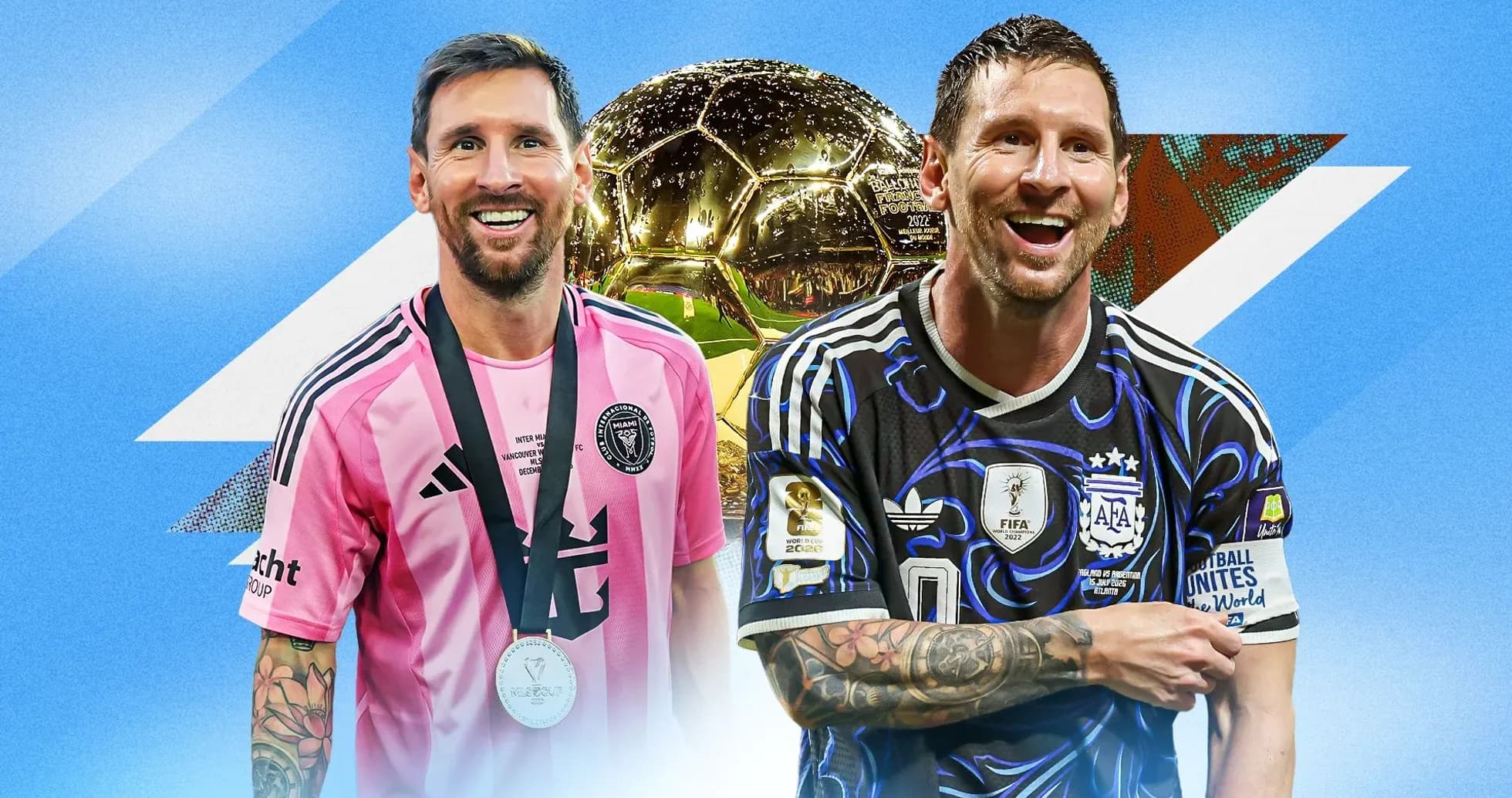Lionel Messi in two jerseys with Ballon d'Or trophy Lionel Messi in two jerseys with Ballon d'Or trophy