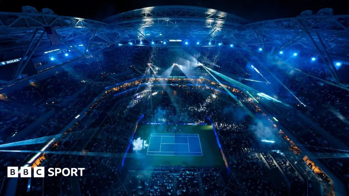 Aerial view of tennis match with dramatic lighting Aerial view of tennis match with dramatic lighting