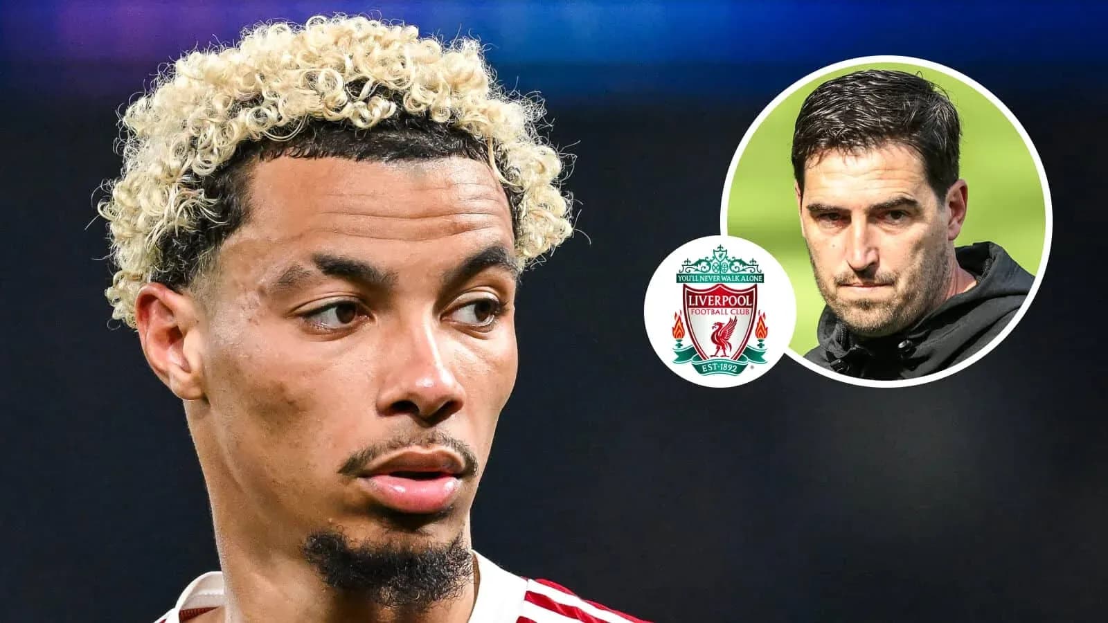 Futbolchi maydonda, Liverpool logotipi va murabbiy Futbolchi maydonda, Liverpool logotipi va murabbiy