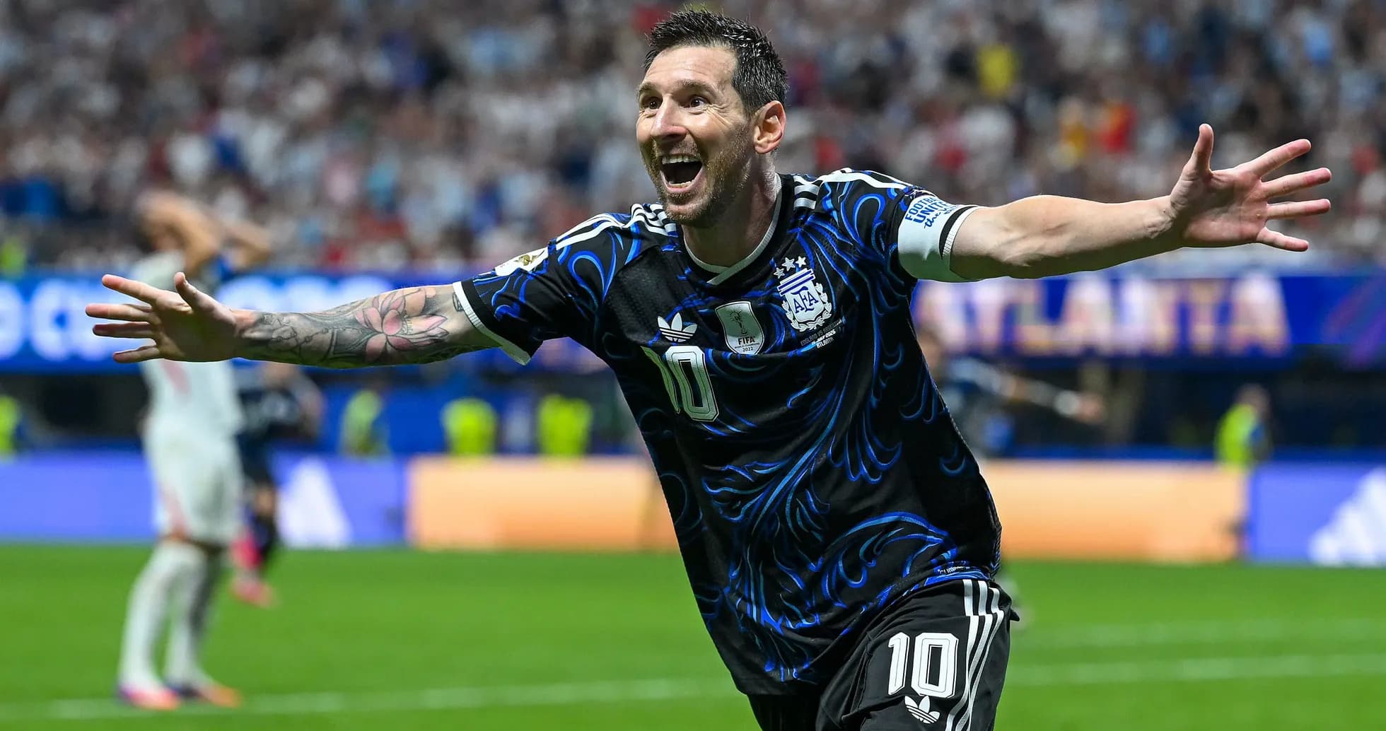 Lionel Messi celebrating a goal during a match Lionel Messi celebrating a goal during a match