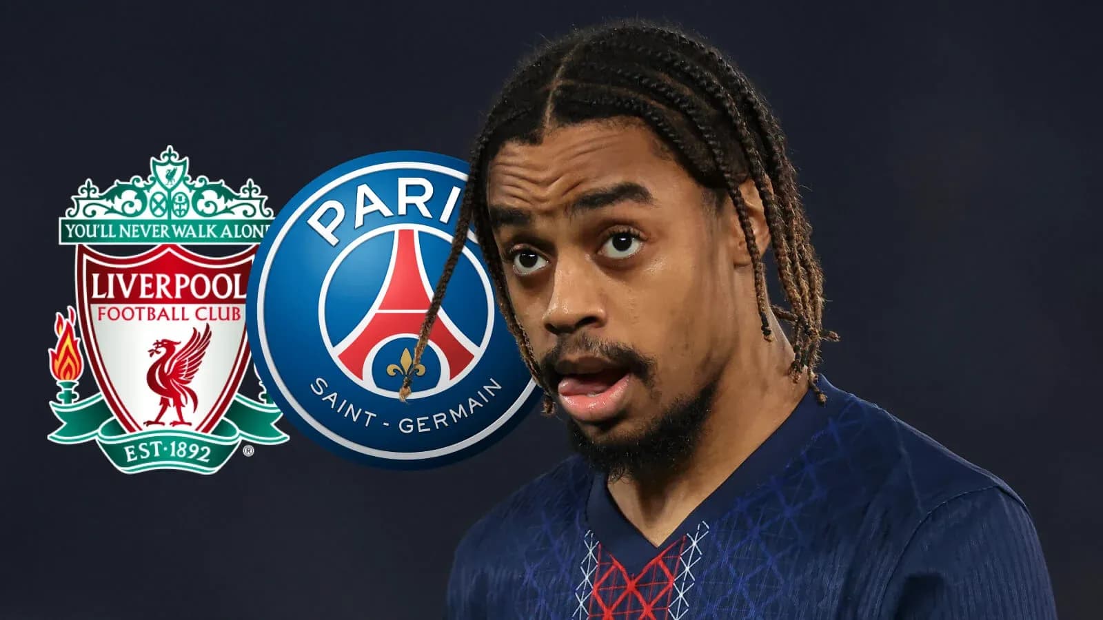 Futbolchi, Liverpool va PSG logotiplari orqasida Futbolchi, Liverpool va PSG logotiplari orqasida