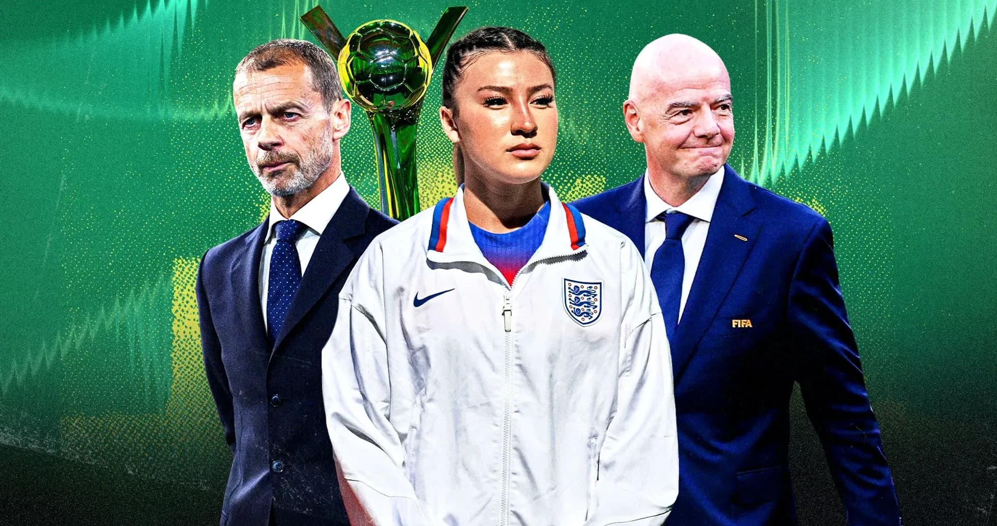 UEFA and FIFA officials with female player and trophy UEFA and FIFA officials with female player and trophy